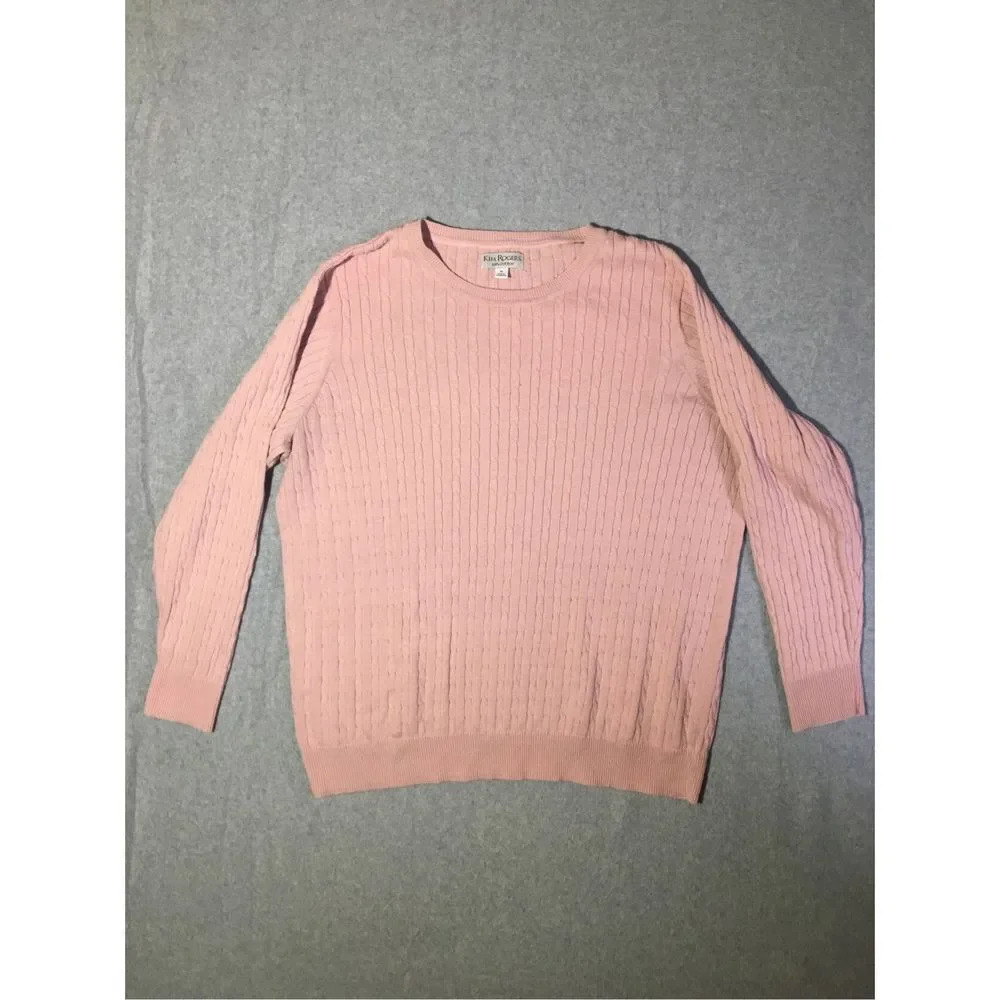 Womens Kim Rogers Sweater Size 1X Pink Knit Vertical Woven Striped Cotton
